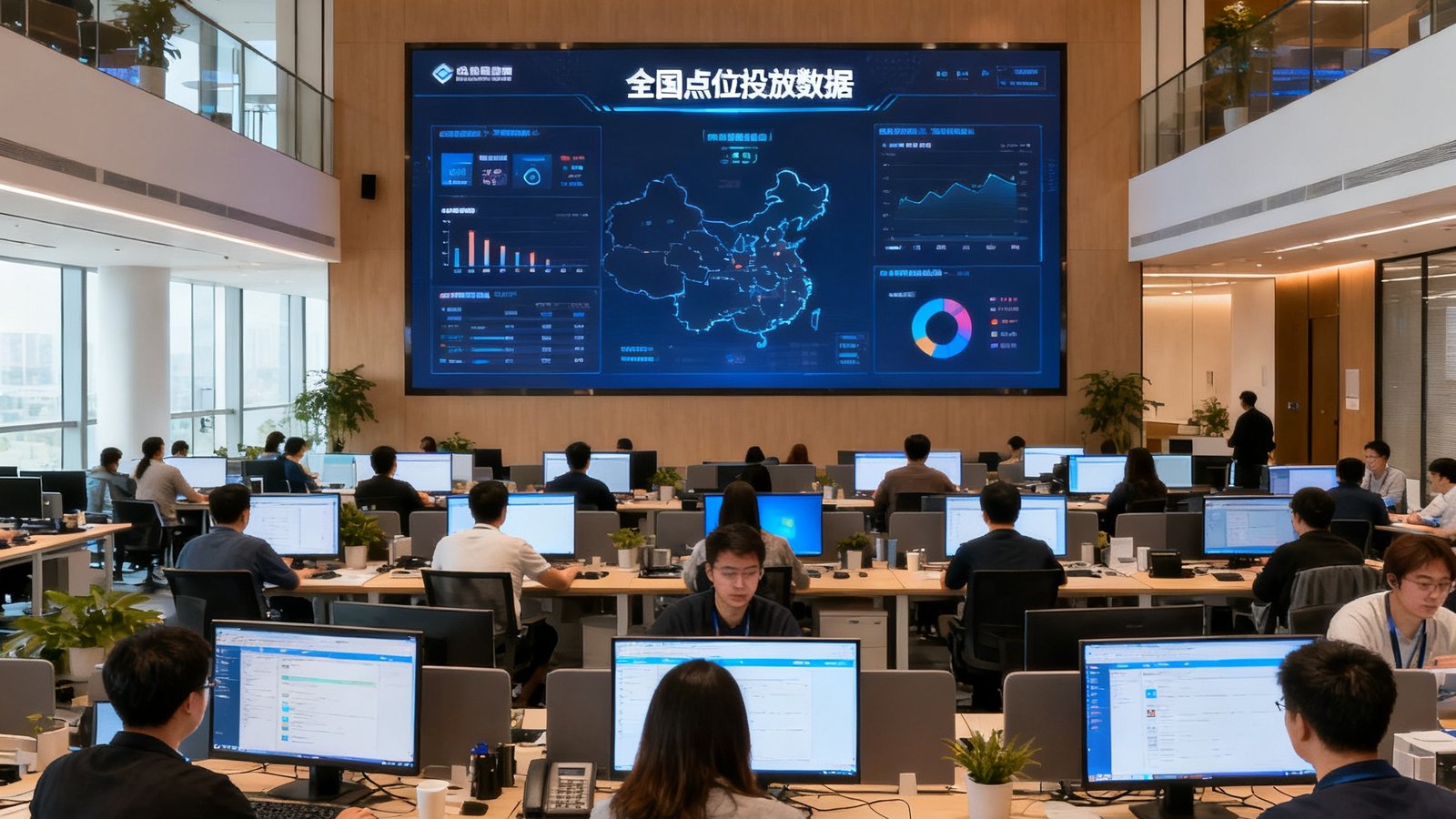 PA国际厅中国区上海总部开放式办公区，数十名运营与技术人员在宽敞明亮的空间中协作，大屏实时显示全国点位投放数据，展现团队的专业与规模