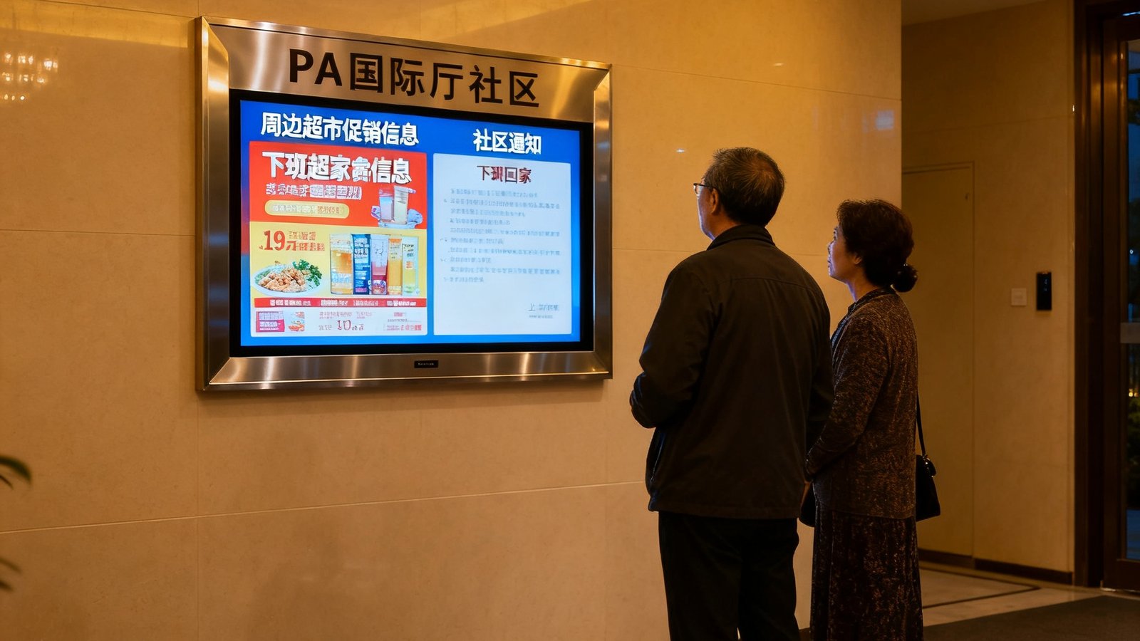 傍晚时分，上海徐汇区一个中高端住宅社区的门厅内，PA国际厅社区公告屏正在轮播周边超市促销信息与社区通知，下班回家的居民自然驻足浏览
