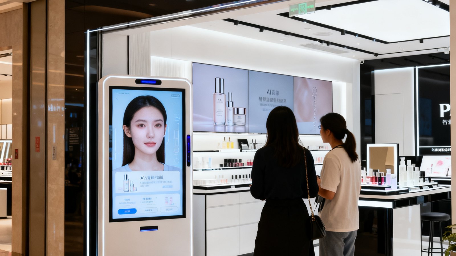 杭州万象城某美妆品牌门店入口处，PA国际厅智慧导购屏通过AI识别进店顾客特征，自动推送匹配的护肤品推荐内容，屏幕画面精致富有质感