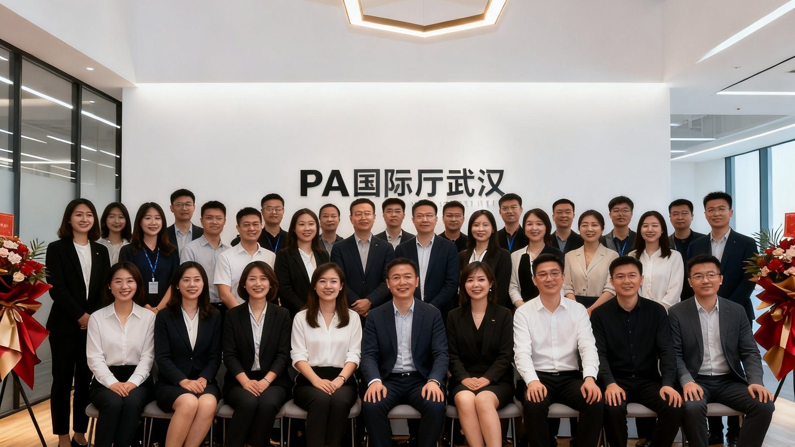 PA国际厅武汉分公司开业仪式现场，团队合影留念，背景为新办公室的现代简约风格装修