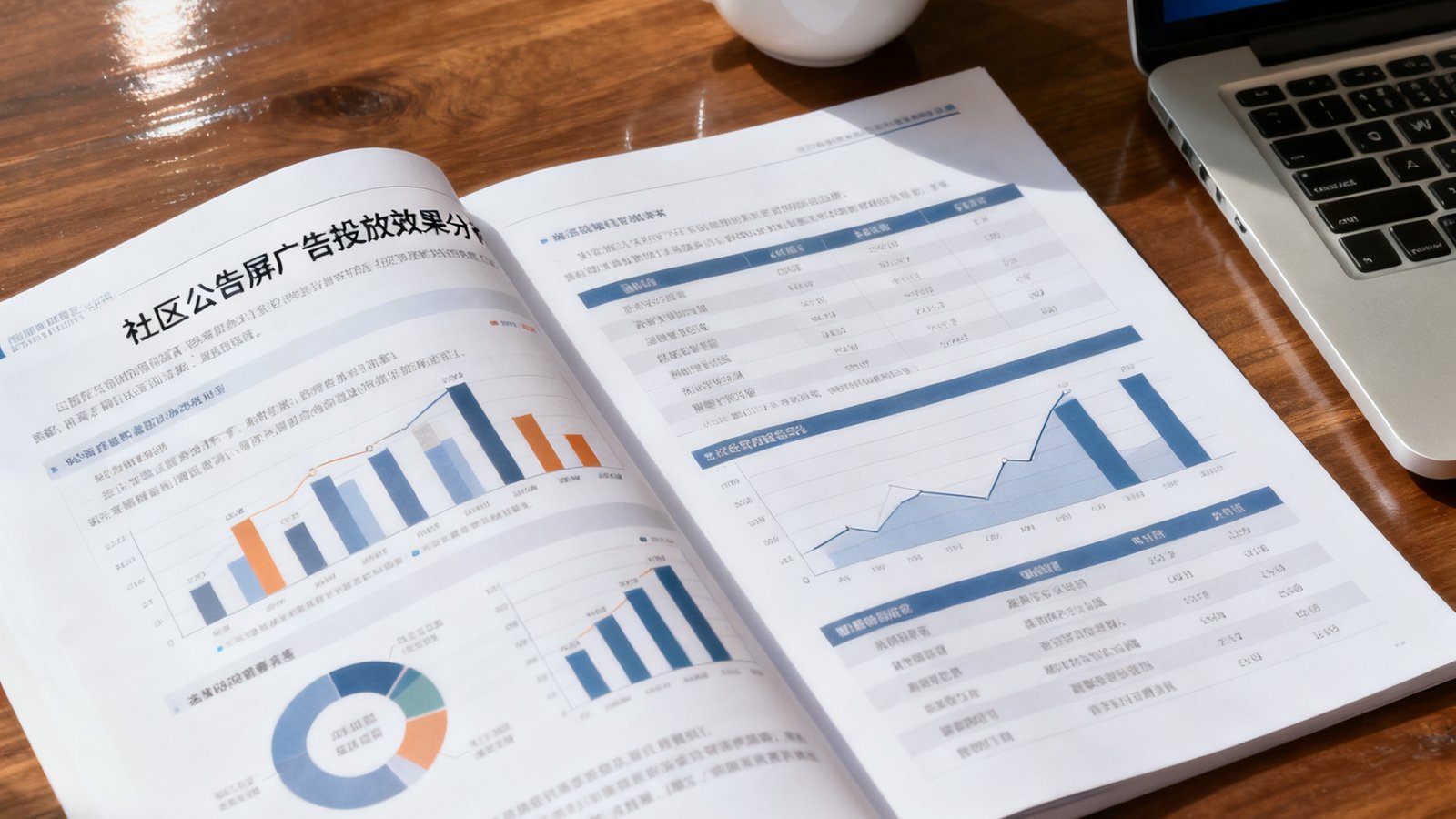 一份详细的社区公告屏广告投放效果分析报告摊开在桌面上，旁边放着咖啡杯和笔记本电脑