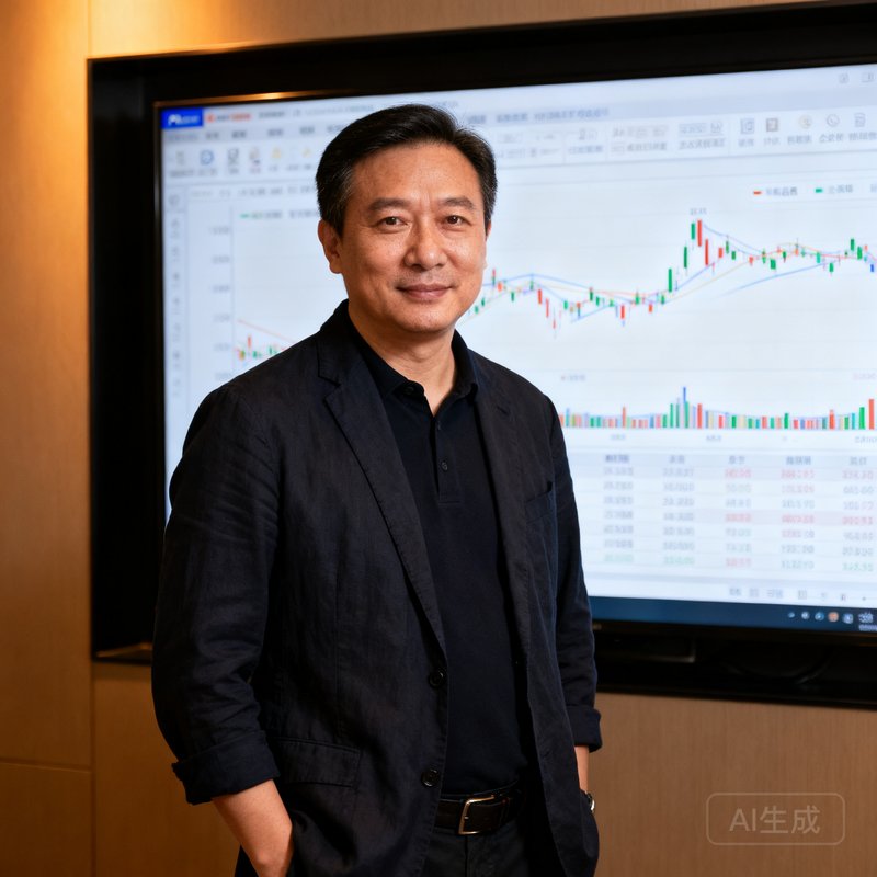 PA国际厅创始人兼CEO陈启铭，45岁，前分众传媒华南区运营总监，身穿深色商务休闲装站在公司大屏前